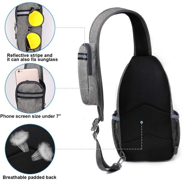 Waterfly Men Women Gray Crossbody Adjustable Strap Hiking Sling Backpack - Picture 4 of 7